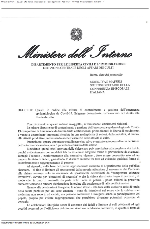 Nota del ministero dell'interno per il culto